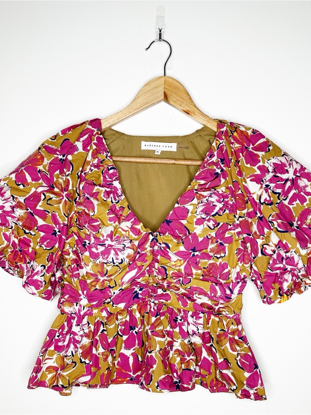 Endless Rose Floral Ruched Crop Peplum Blouse Size XS - Picture 2 of 8